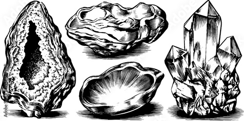 Intricate geodes and gemstones: hand-drawn engraved art for vintage designs