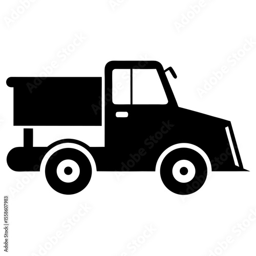 Snowplow truck black and white vector icon on white background.