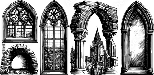 Gothic architecture elements with pointed arches and rose windows for retro design projects