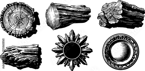 Vintage handcrafted tile sketches with kiln textures and classic engravings for retro design