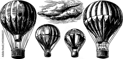 Vintage hot air balloons with clouds sketch for retro design