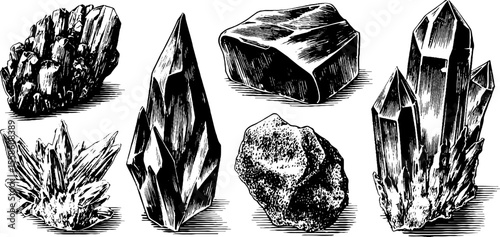 Vintage hand drawn ice crystals and frozen shards engraving for winter design and decoration