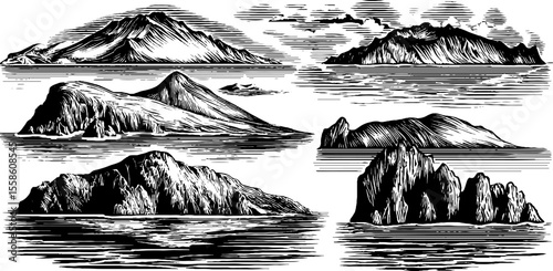 Vintage hand drawn island silhouettes and coast shapes for retro design