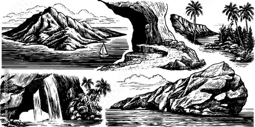 Vintage island landscapes with cliffs and bays for retro design