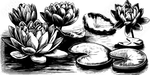 Vintage lotus flowers and floating leaves silhouette for design use