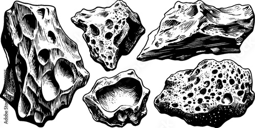 Vintage sketch of meteorite fragments with pitted surfaces for retro design