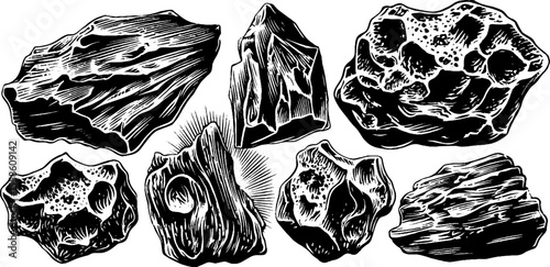 Hand drawn meteorite fragments with pitted surfaces for retro design and decoration