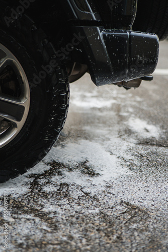 Car tire with soap residue during washing process