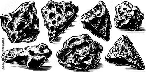 Vintage sketch of meteorite fragments with pitted surfaces for retro design