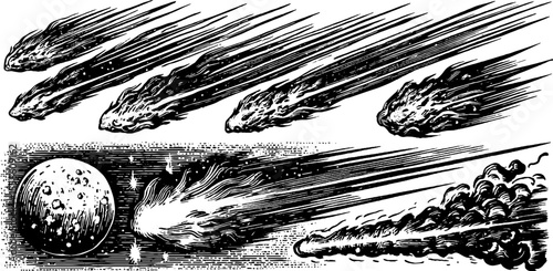 Vintage celestial scene with meteor showers and falling stars in hand drawn space illustration