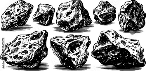 Vintage meteorite fragment sketches with pitted surfaces for design and decor