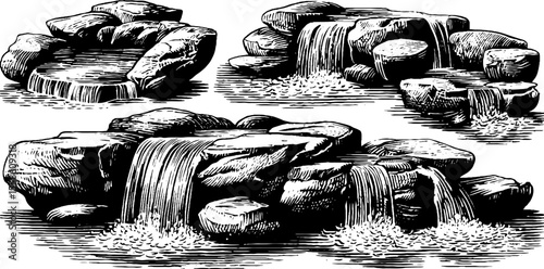 Hand-drawn sketch of natural spring water and bubbling stream for vintage design