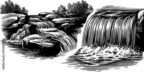 Vintage sketch of spring water source and bubbling stream scene for design