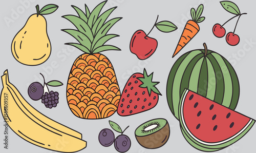 "Colorful Hand-Drawn Fruit and Vegetable Clipart Tropical and Garden Collection"