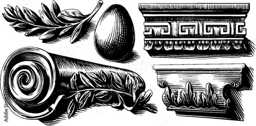 Neoclassical ornament set featuring volutes and decorative elements for design