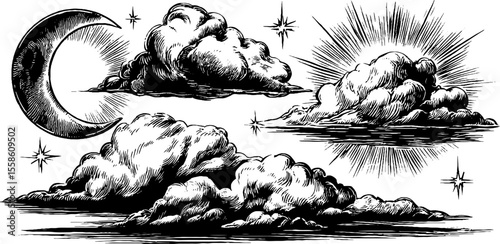 Celestial night scene with moon, clouds, and radiant stars - perfect for art and design