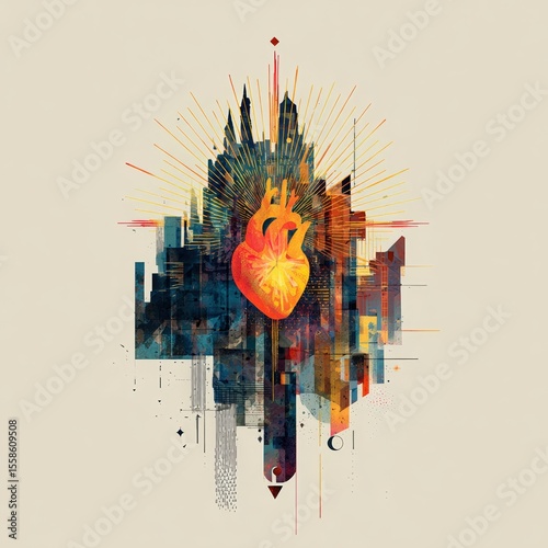 Vibrant sacred heart radiating golden light over a geometric cityscape in a modern abstract illustration