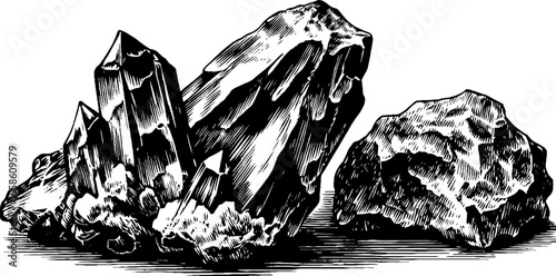 Intricate hand drawn obsidian fragments and volcanic glass sketch for retro design