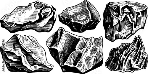 Collection of jagged obsidian and volcanic glass edges in vintage hand drawn style