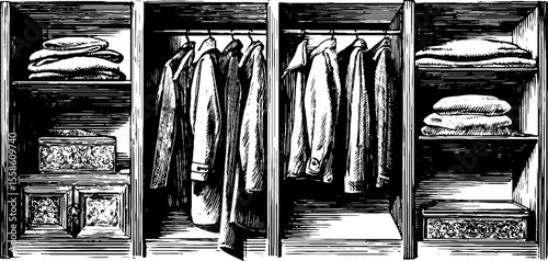 Vintage hand drawn wardrobes with clothes and folding textiles for retro design projects