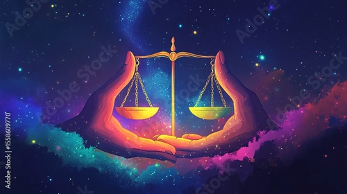 Artistic Hand Drawn Libra Zodiac Sign with Galaxy Background