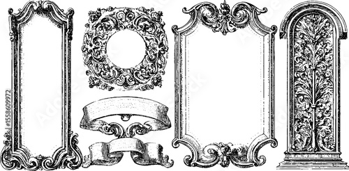 Vintage ornamental panels and rosette frames for artistic design and decor