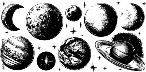 Celestial bodies and moon phases: vintage hand drawn astronomy illustration for design