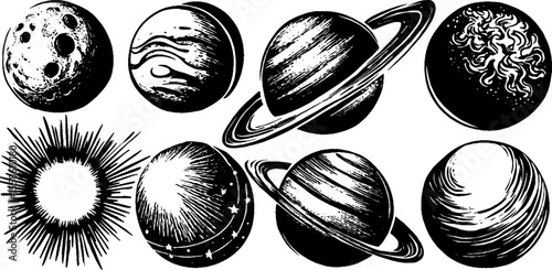 Celestial bodies and lunar phases sketch for astrology and astronomy design