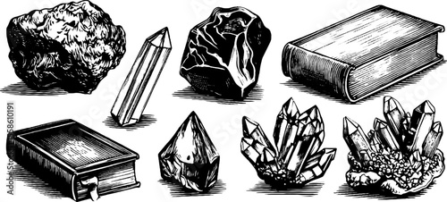 Alchemical symbols and philosopher's stone in intricate engraved design for mystical concepts