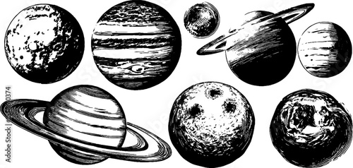 Vintage hand drawn planet textures and crater details illustration for science and astronomy design
