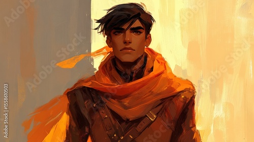 Stylized Portrait of Young Man in Orange Scarf with Dramatic Backlighting, Concept Art Style
