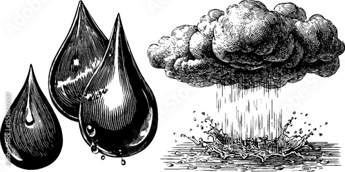 Vintage sketch of rain droplets and drizzle with puddles and cloud silhouette for retro design