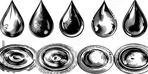 Vintage hand drawn raindrops and water ripples illustration for design