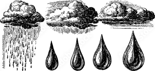 Vintage rainstorm elements with raindrops and clouds for weather illustrations