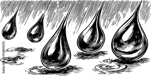 Vintage illustration of raindrops on window with trailing water effect