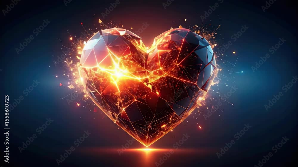 Glowing polygonal heart exploding with fiery passion and energy, symbolizing intense love.