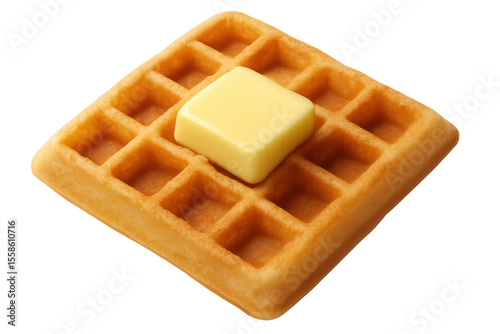 Warm golden waffle glistening with melting butter, showcasing delectable breakfast texture against transparent backdrop