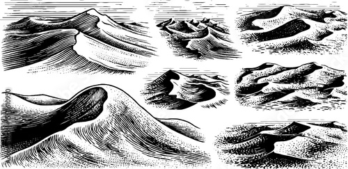 Vintage hand drawn desert sandstorm illustration set for retro design projects
