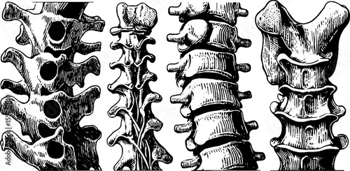 Vintage illustration of spinal columns with vertebrae segments for medical education