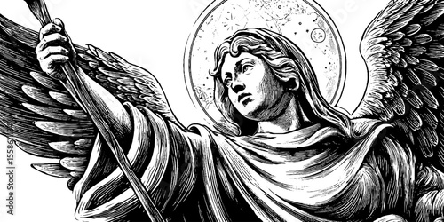 Celestial spirit guide with owl wings and moon halo in vintage engraving style