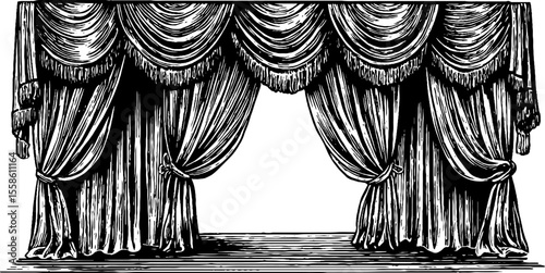 Vintage theater curtains with dramatic heavy folds and ties for stage design