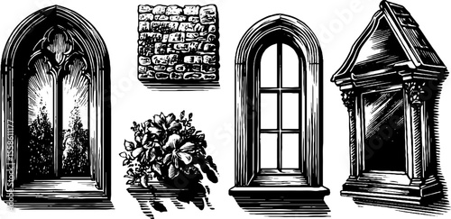 Vintage stained glass windows and frames: retro architectural design for decor and art projects