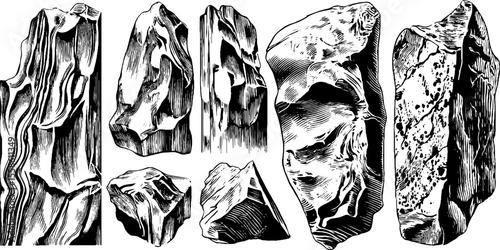 Vintage sketch of granite stone textures and rough silhouettes for design
