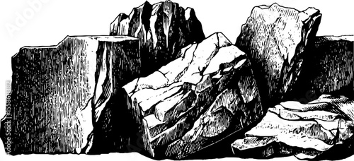 Vintage sketch of carved stone tiles and broken reliefs for design and decoration