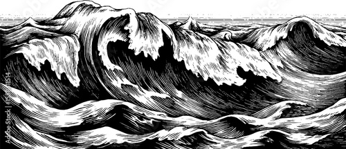 Vintage hand drawn storm waves and sea spray illustration for retro design