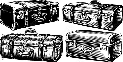 Vintage leather suitcase collection with buckles - hand drawn engraving for retro design