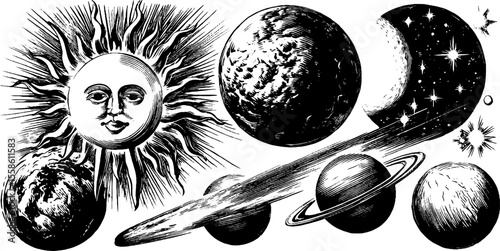 Celestial bodies collection with sun, moon, stars, and planets for retro design