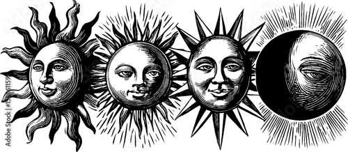Vintage sun faces with rays and solar flares retro hand drawn sketch for design
