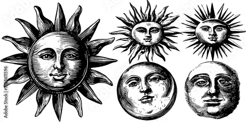 Vintage sun and moon faces sketch for retro design and decoration