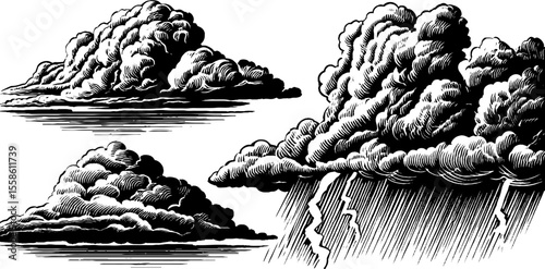 Dramatic thunderstorms and rain sketches for weather illustrations